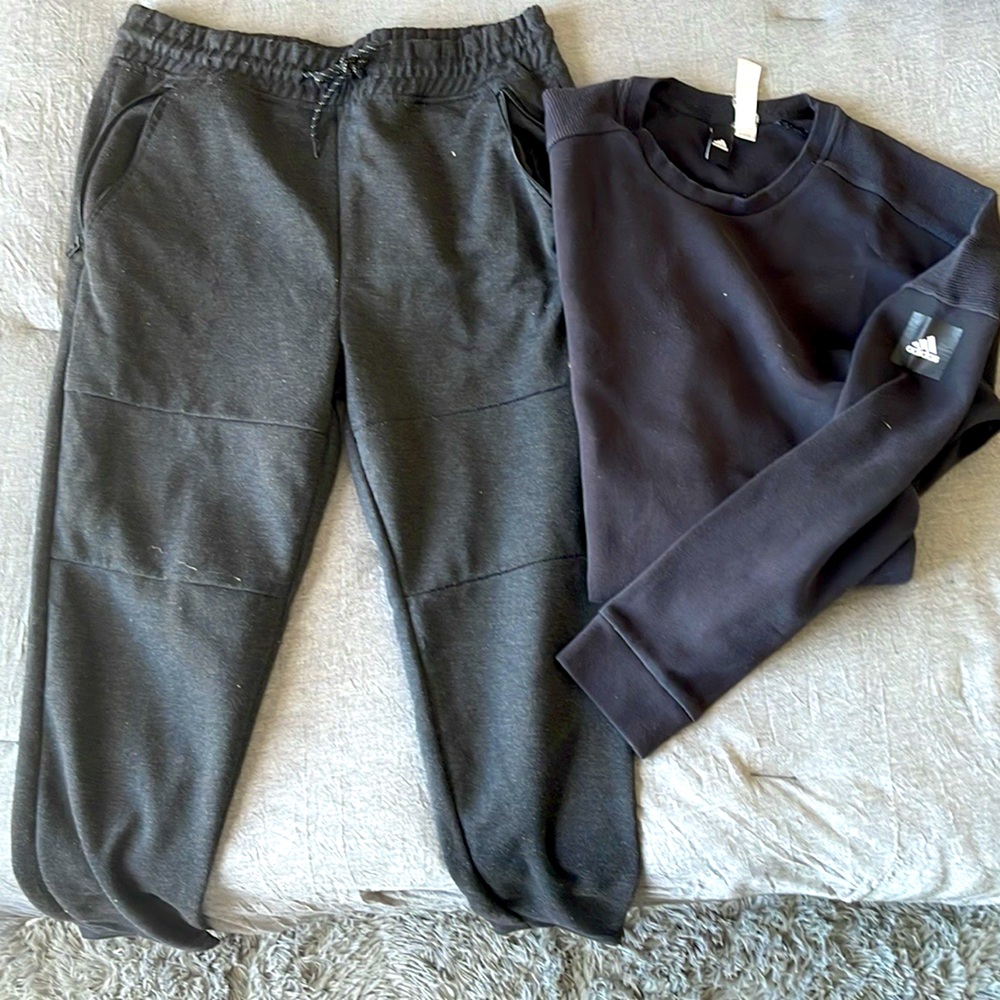 1 Adidas Sweatshirt Size: M. Color: Black. 1 Southpole Joggers Size: M, Grey